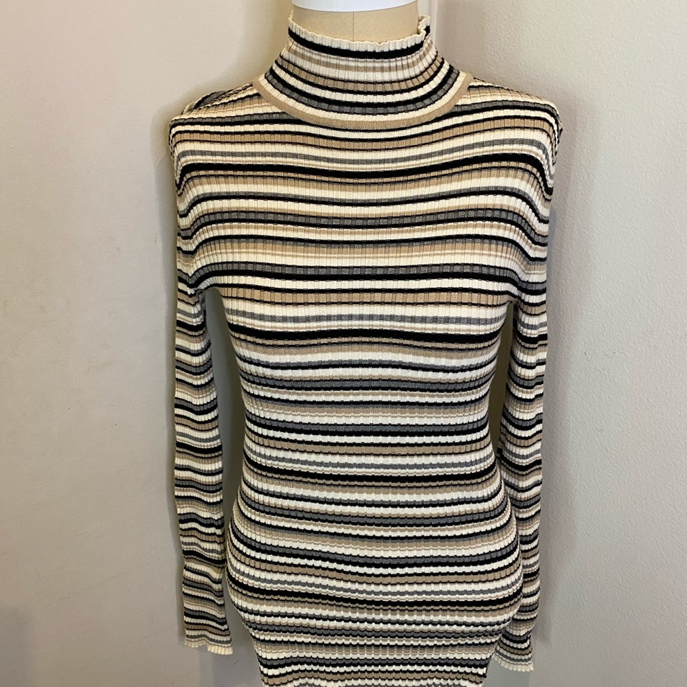 Ribbed Tight Knit Striped Tunic Sweater Turtleneck